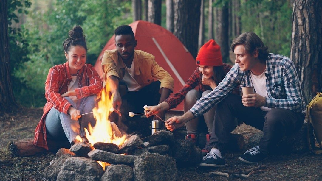 Vier Menschen sitzen am Lagerfeuer vor einem Zelt und rösten Marshmallows